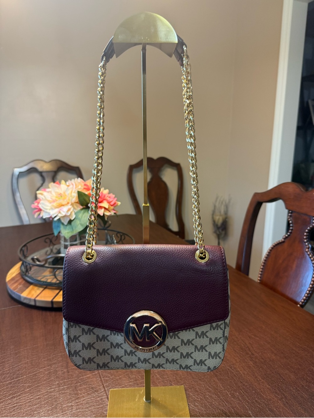 Michael Kors Purple and Beige MK Logo Chain Crossbody Bag